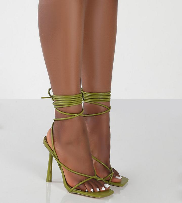 Public Desire Wide Fit Lacey Tie Up Stiletto Sandals In Olive-green