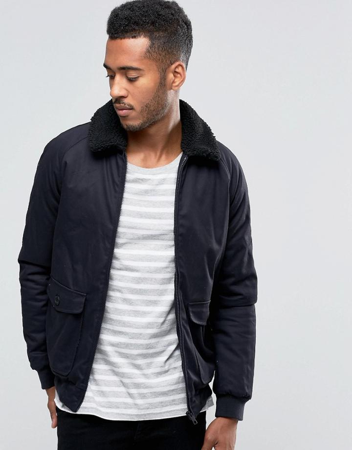 Brave Soul Sherpa Collar Bomber Jacket - Navy