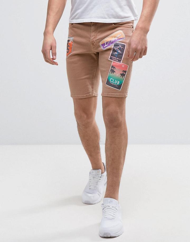 Asos Denim Shorts In Skinny Pink With Badges - Pink