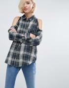 Asos Check Shirt With Cold Shoulder In Green Check - Multi
