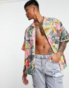 Asos Design Relaxed Revere Linen Shirt In Bright Vintage-inspired Print-pink