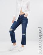New Look Petite Busted Knee Jean With Raw Hem - Blue