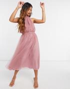 Asos Design High Neck Tulle Maxi Dress With Side Cut Out Detail In Rose-yellow