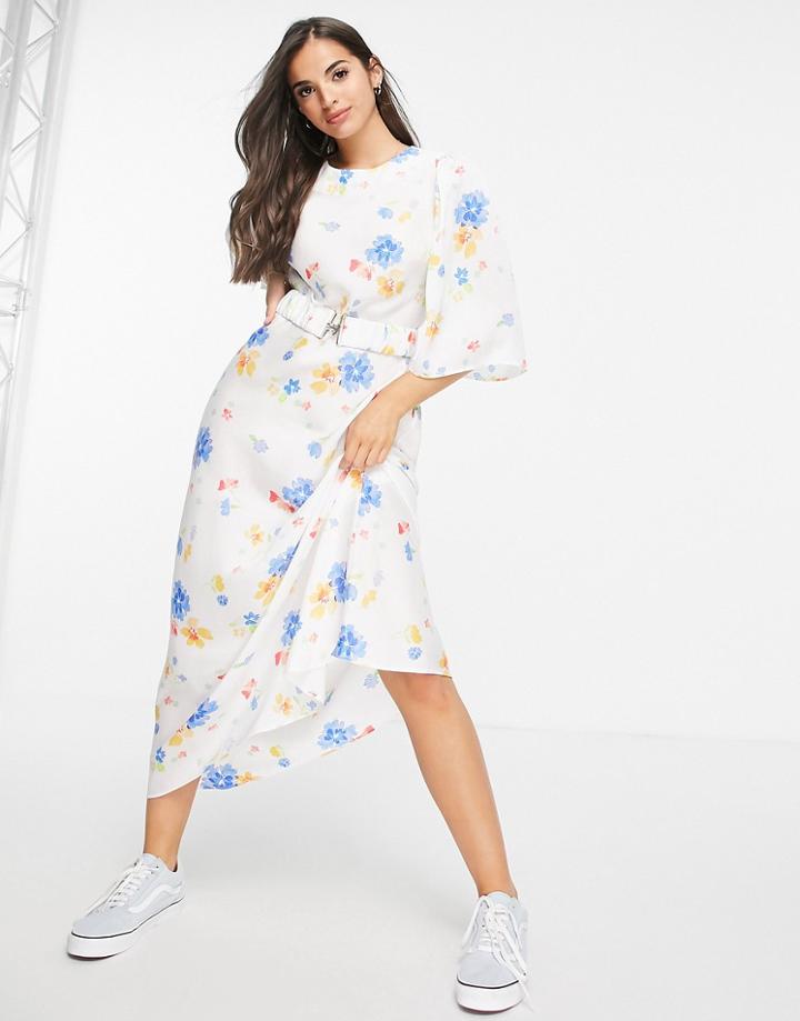 Asos Design Belted Satin Midi Dress With Angel Sleeve In White Based Floral Print-multi