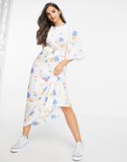 Asos Design Belted Satin Midi Dress With Angel Sleeve In White Based Floral Print-multi
