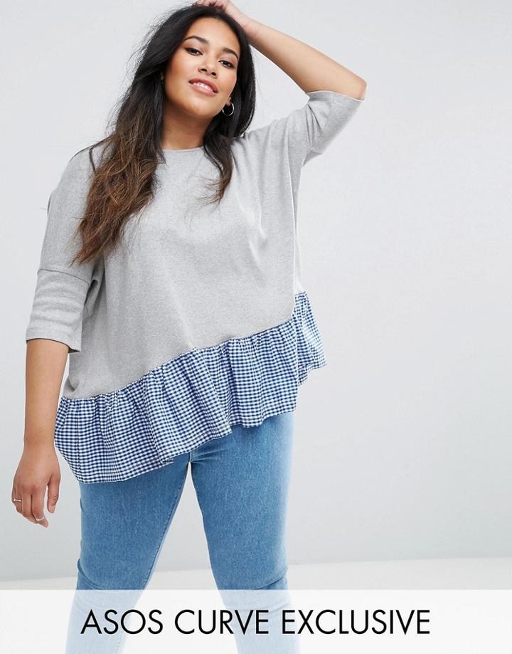 Asos Curve Oversized Top In Boxy Fit With Woven Gingham Hem - Gray