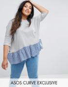Asos Curve Oversized Top In Boxy Fit With Woven Gingham Hem - Gray