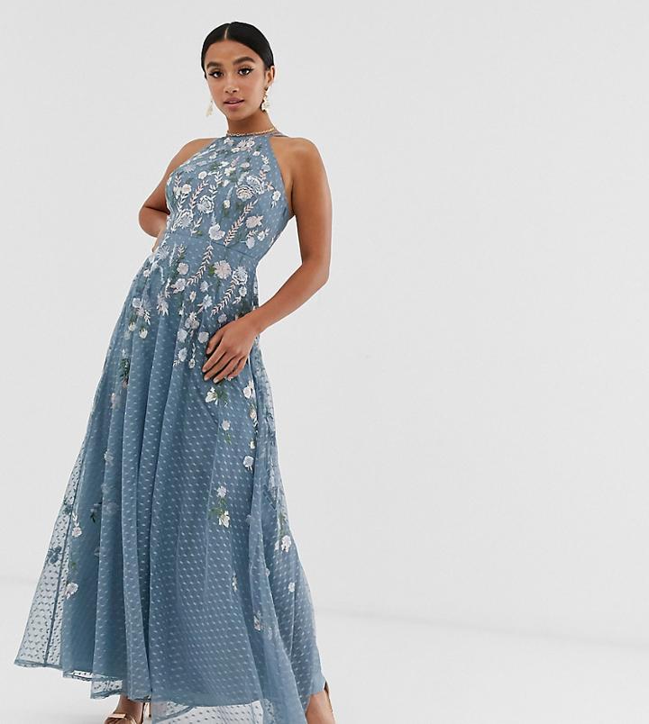 Asos Design Petite Maxi Dress With Pinny Bodice In Embroidered Dobby - Purple