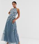 Asos Design Petite Maxi Dress With Pinny Bodice In Embroidered Dobby - Purple