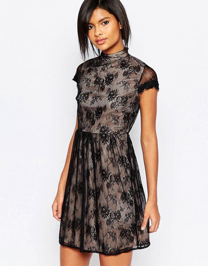 Vila High Neck Lace Capped Sleeve Dress - Black