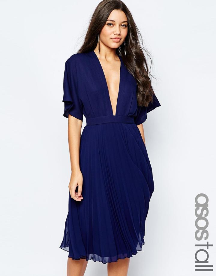 Asos Tall Kimono Sleeve Pleated Midi Dress - Navy