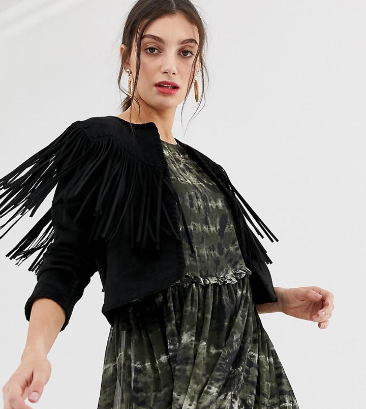 Stradivarius Cropped Faux Suede Fringe Jacket In Black