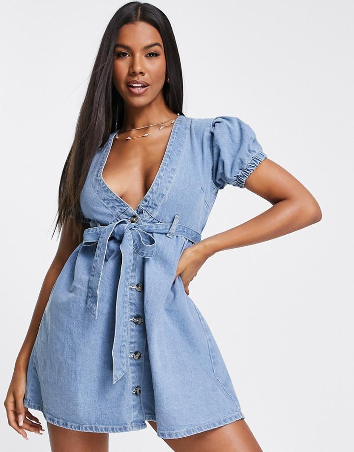 I Saw It First Plunge Neck Button Through Denim Dress In Blue-blues