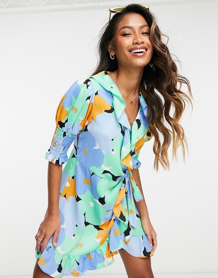 Topshop Large Blue Floral Wrap Mini Dress