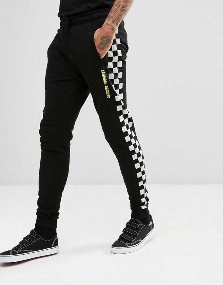 Criminal Damage Skinny Joggers In Black With Checkerboard Stripe - Black
