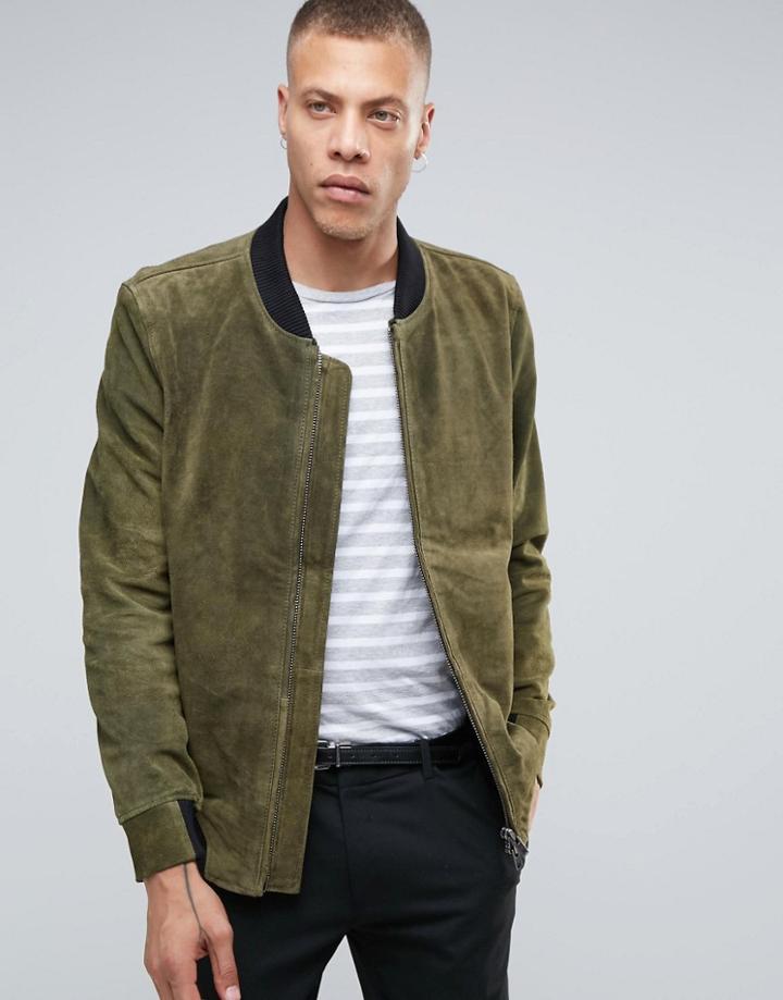 Bellfield Two Way Zip Khaki Leather Bomber - Green