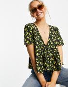 Asos Design Tie Front Short Sleeve Tea Blouse With Ditsy Print In Black And Yellow-multi