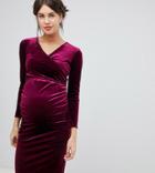 Bluebelle Maternity Plunge Long Sleeve Velvet Dress In Burgundy-red