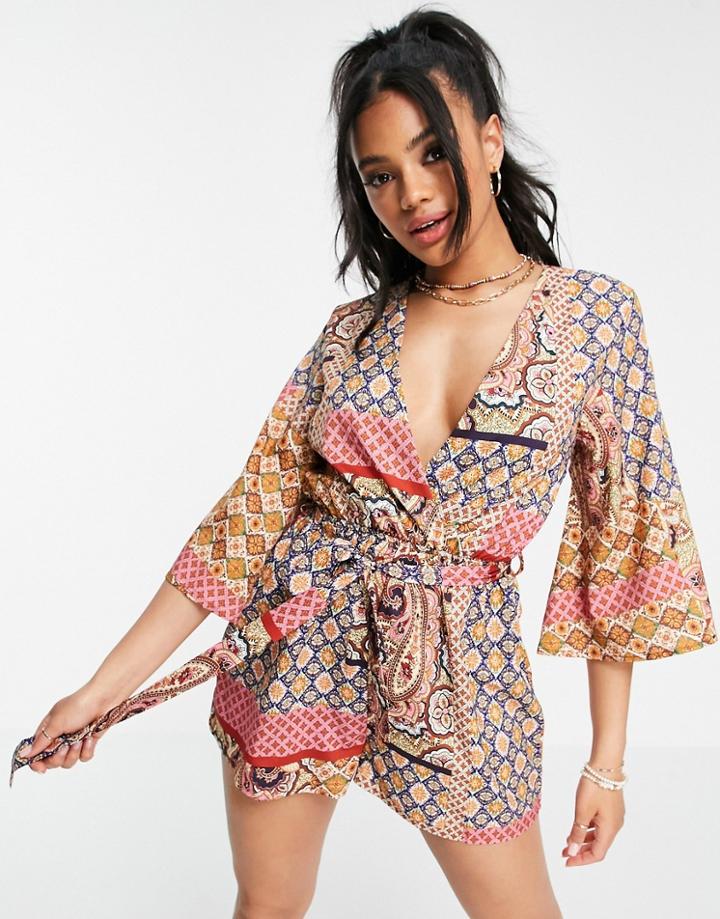 Parisian Romper With Tie Waist In Tile Print-multi