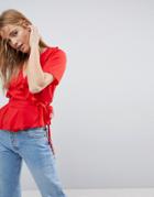 Asos Wrap Top With Ruffle Detail - Red