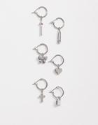 Asos Design Pack Of 6 Single Hoop Earrings With Mixed Charms In Silver Tone