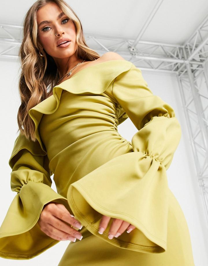 Asos Design Triple Sleeve Fallen Shoulder Mini Skater Dress In Chartreuse-yellow