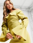 Asos Design Triple Sleeve Fallen Shoulder Mini Skater Dress In Chartreuse-yellow