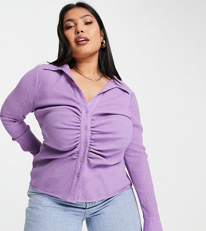 Asos Design Curve Crinkle Textured Ruched Front Shirt In Dusty Lilac-purple