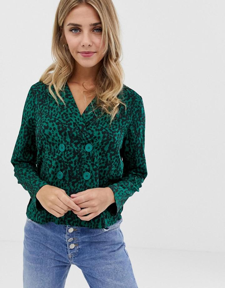 Influence Animal Print Blazer Blouse With Button Detail - Green
