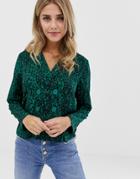 Influence Animal Print Blazer Blouse With Button Detail - Green