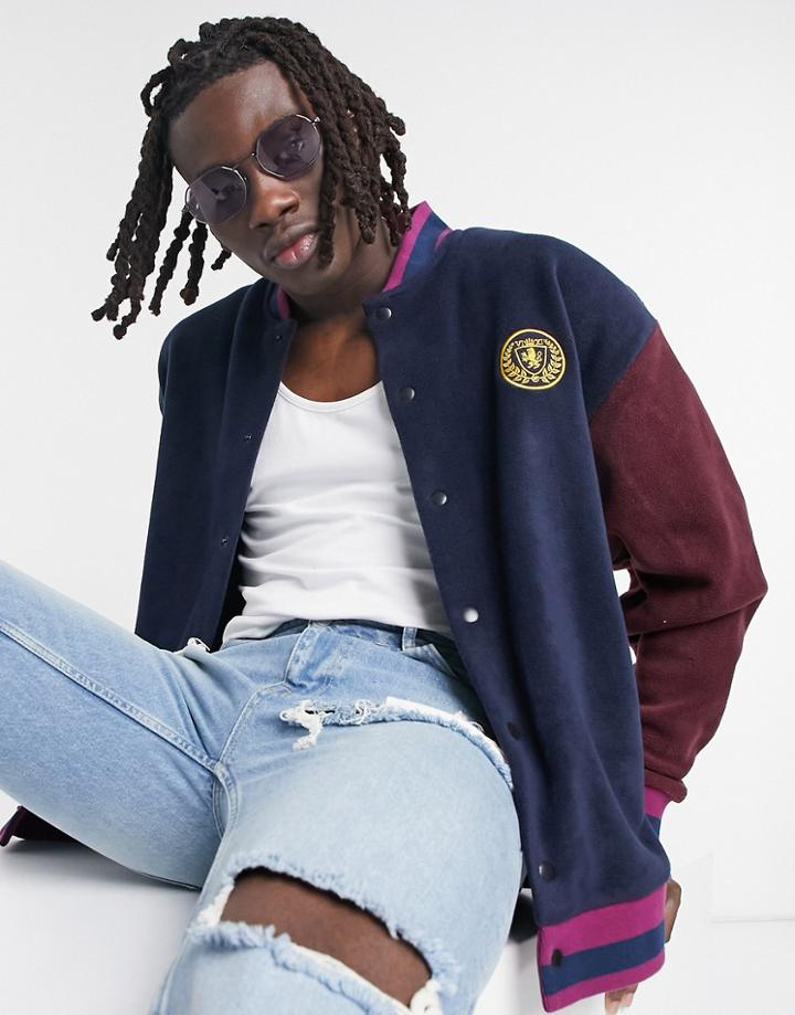 Asos Design Oversized Polar Fleece Varsity Jacket With Chest Embroidery-navy