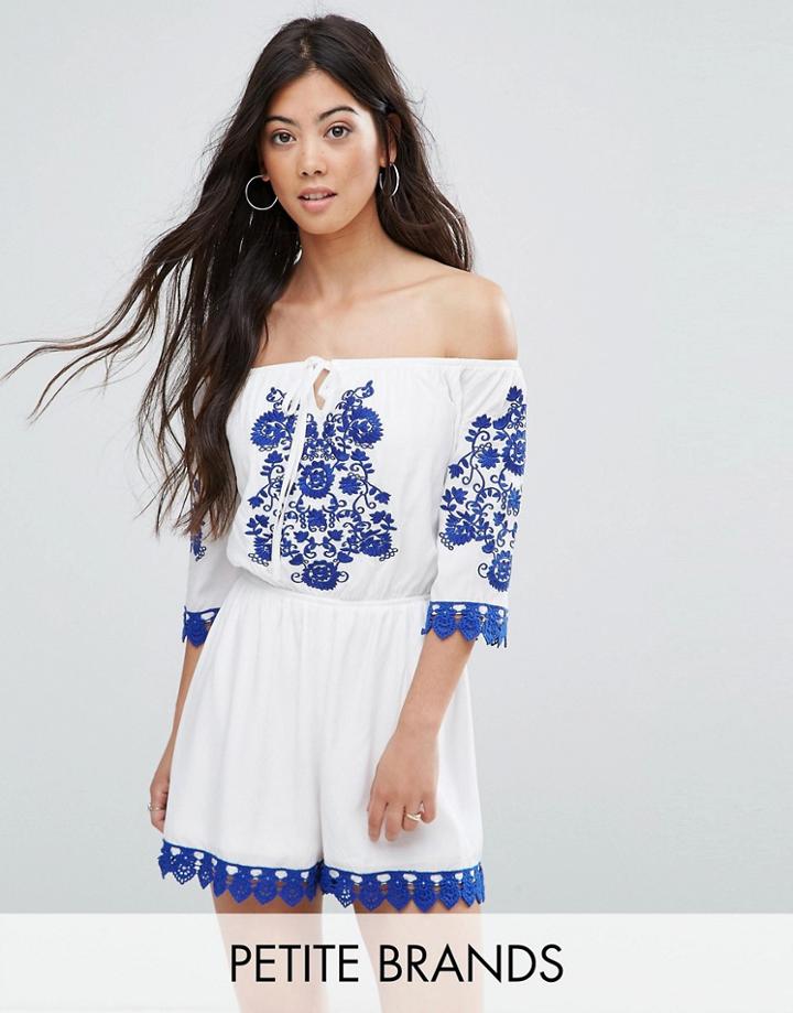 Parisian Petite Off Shoulder Embroidered Romper - White