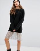 New Look Lace Trim Longline Sweater Dress - Black