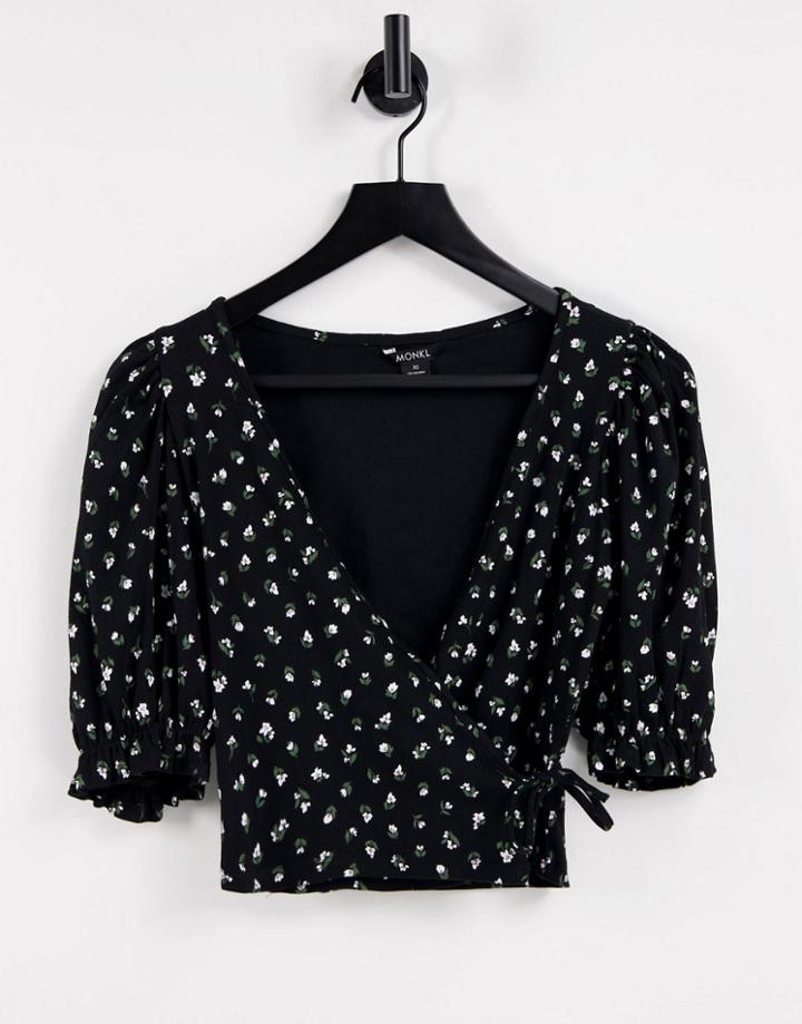 Monki Ulla Organic Cotton Printed Frill Edge Short Sleeve Wrap Top In Black-multi