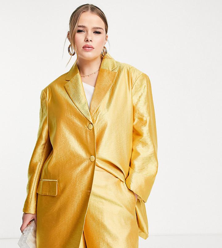Asos Design Curve Occasion Satin Dad Suit Blazer In Gold