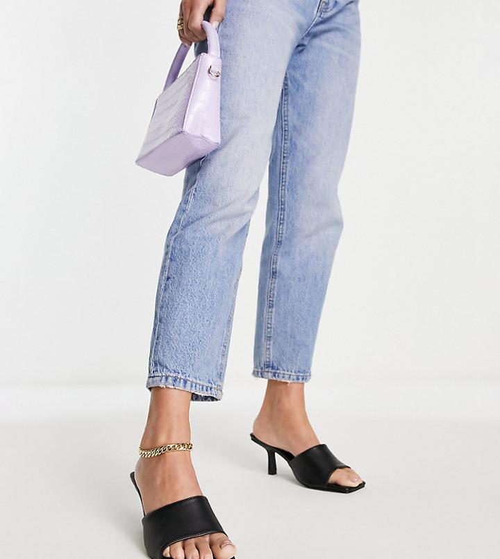 London Rebel Wide Fit Square Toe Mid Heel Mule Sandals In Black