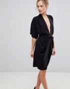 Asos Obi Wrap Midi Dress With Kimono Sleeves - Black