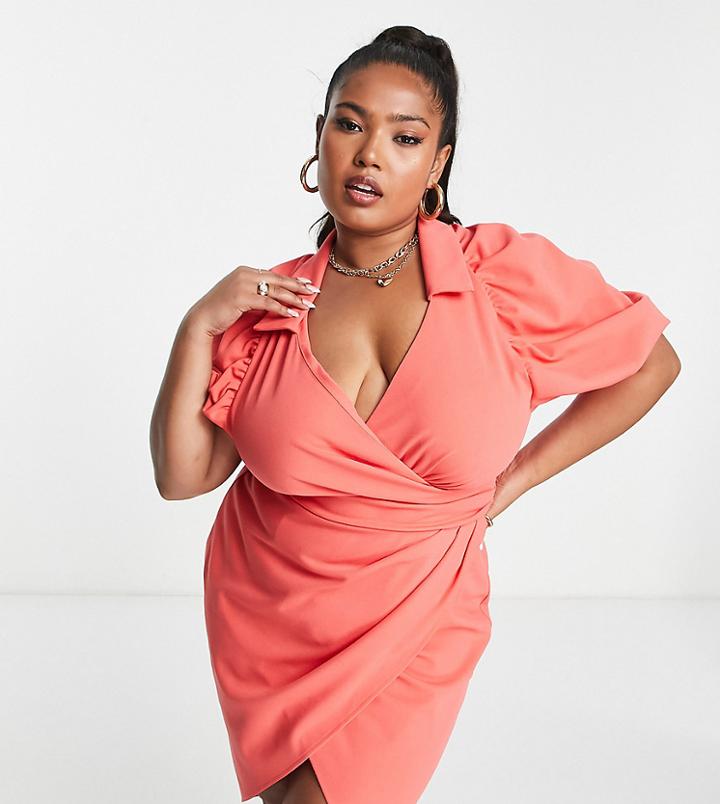 Asos Design Curve Twist Front Midi Shirt Dress In Coral-orange