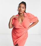 Asos Design Curve Twist Front Midi Shirt Dress In Coral-orange
