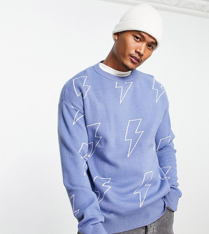 Bershka Lightning Print Oversized Sweater In Blue