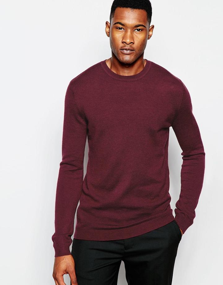 Asos Crew Neck Jumper In Burgundy Cotton - Burgundy