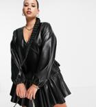 Asos Design Curve Leather Look Wrap Front Mini Smock Dress In Black