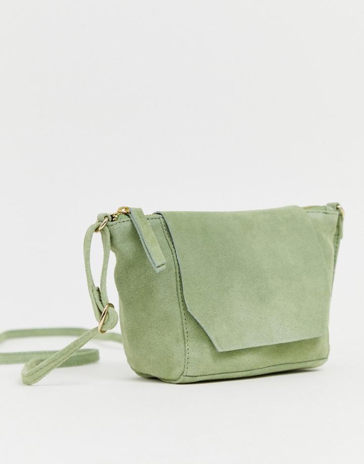 Asos Design Suede Angled Flap Cross Body Bag-green