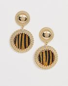 Asos Design Earrings With Engraved Stud And Tiger Skin Drop In Gold Tone - Gold