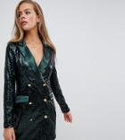 Missguided Double Breasted Sequin Blazer Mini Dress In Green - Green