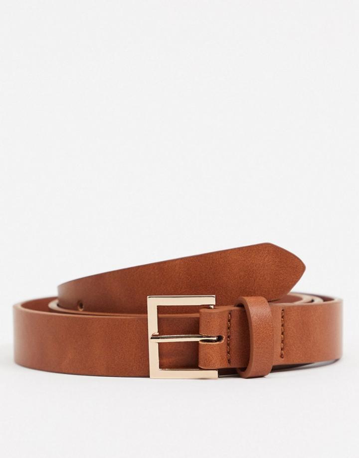 Asos Design Smart Faux Leather Skinny Belt With Gold Buckle In Tan-brown