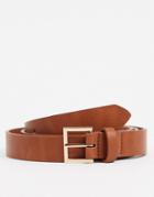 Asos Design Smart Faux Leather Skinny Belt With Gold Buckle In Tan-brown