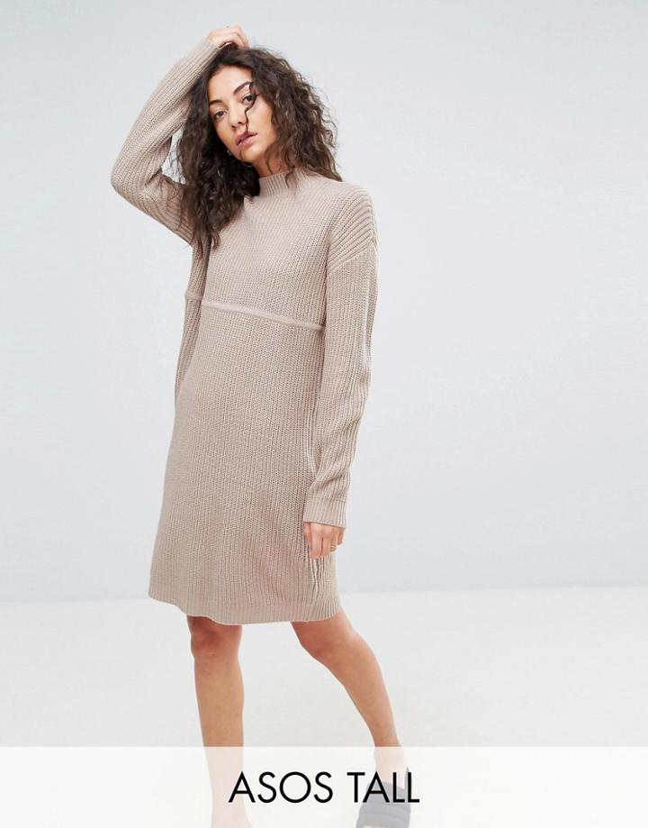 Asos Tall Chunky Knit Dress In Rib With High Neck - Pink