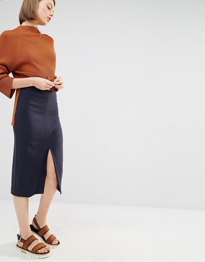 Selected Soma Pencil Skirt With Front Split - Navy
