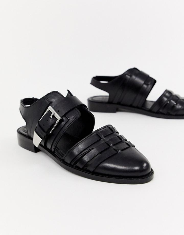 Asos Design Minister Leather Cut Out Flat Shoes In Black